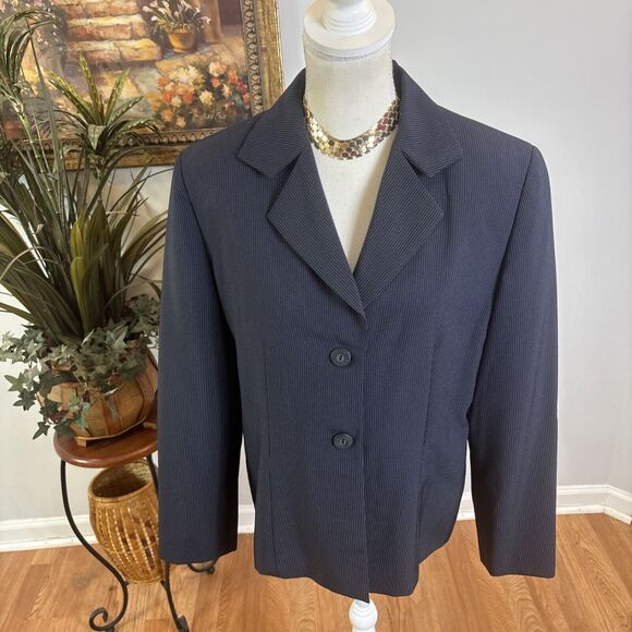 Signature Larry Levine Suit Blazer Women's Size 14 Black Pinstripe Notch Lapel - Picture 2 of 11
